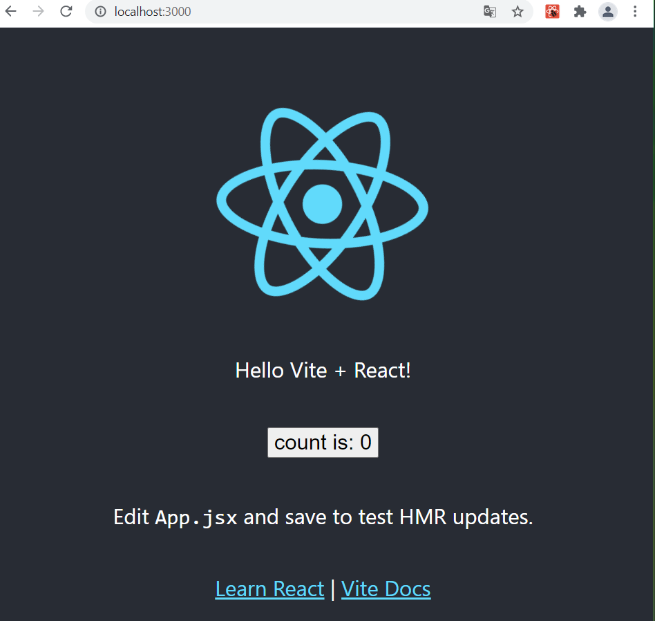 Proyecto React con Vite funcionando en el navegador